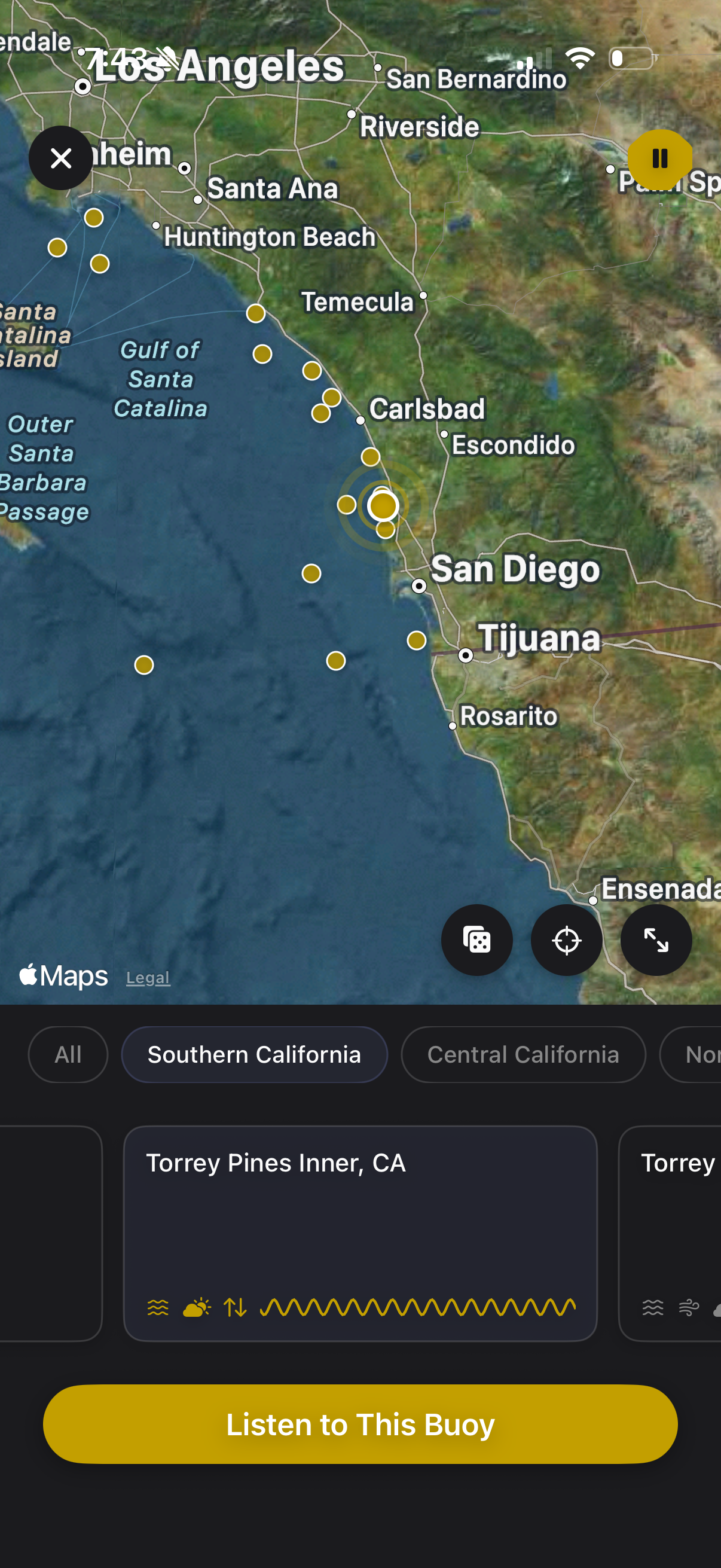 Drift coastline map showing buoy locations along California
