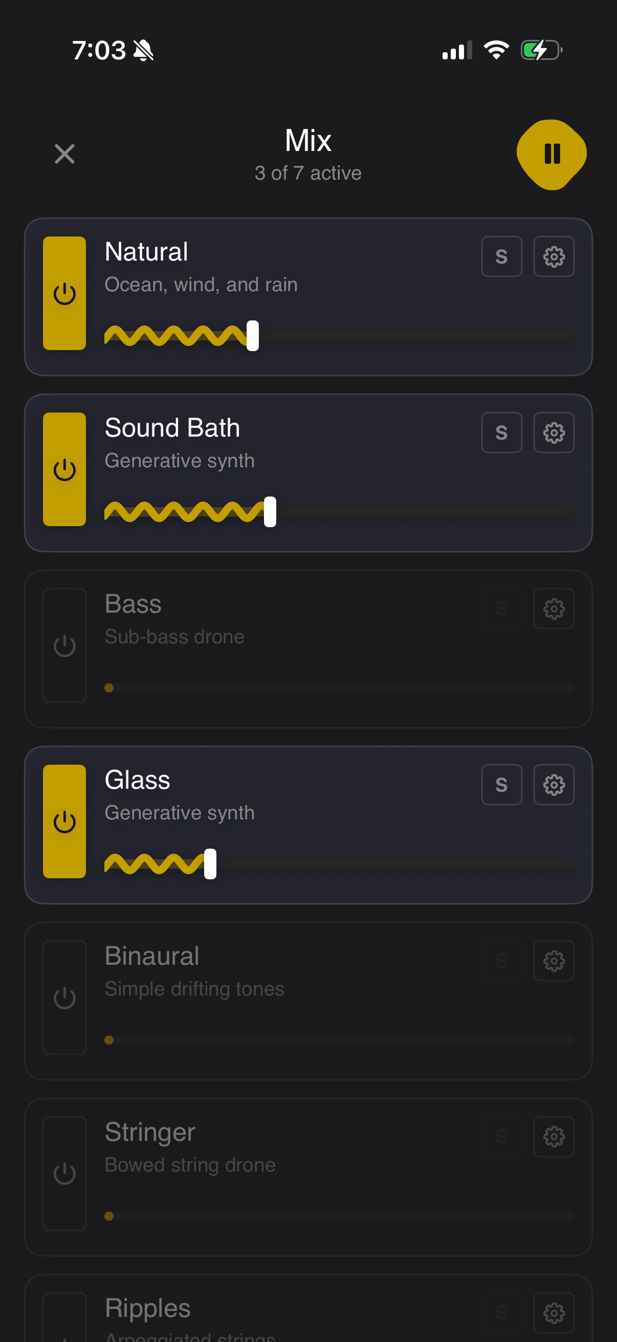 Drift mix screen with sound layers like Natural, Sound Bath, and Glass